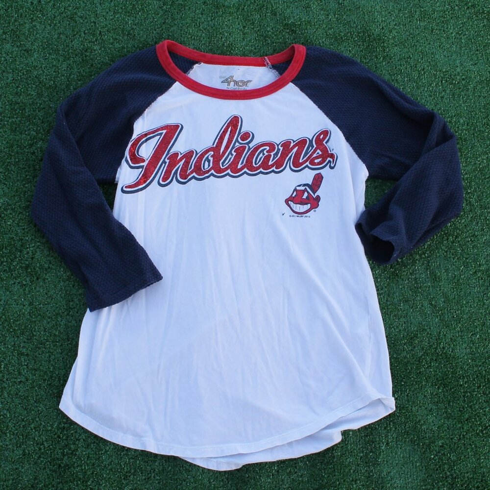 MLB Cleveland Indians Chief Wahoo Glitter Mesh 3 quarter sleeve shirt